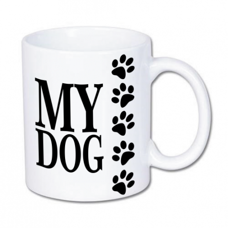 Kubek z nadrukiem serca z psich łapek i napisem kocham swojego psa