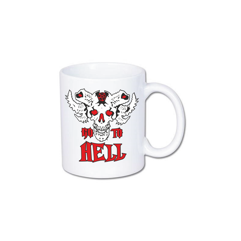 Kubek z nadrukiem czaszki z rogami i napisem go to hell