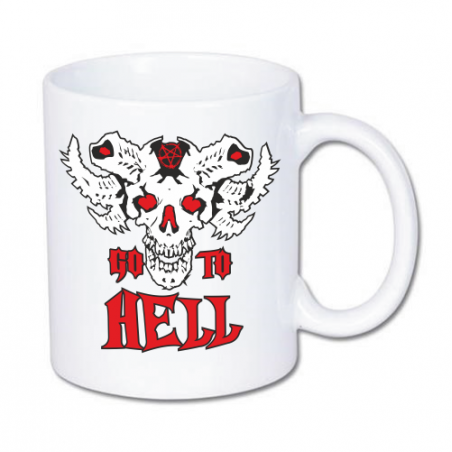 Kubek z nadrukiem czaszki z rogami i napisem go to hell