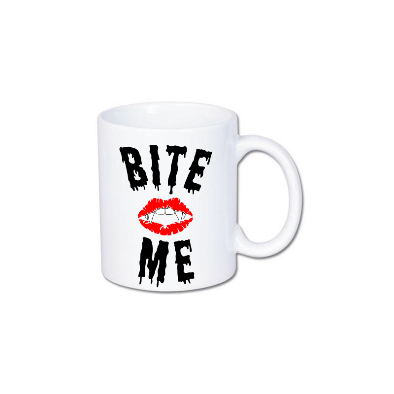 śmieszny kubek z nadrukiem ust i napisem bite me, ugryź mnie