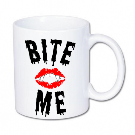 śmieszny kubek z nadrukiem ust i napisem bite me, ugryź mnie