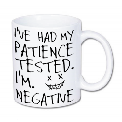 kubek z nadrukiem "testowałem swoją cierpliwość, wynik był negatywny"