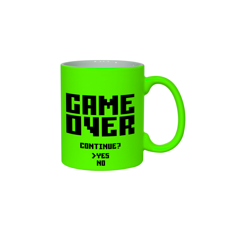 Neonowy, zielony kubek z nadrukiem Game Over, continue?