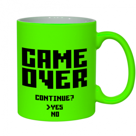 Neonowy, zielony kubek z nadrukiem Game Over, continue?