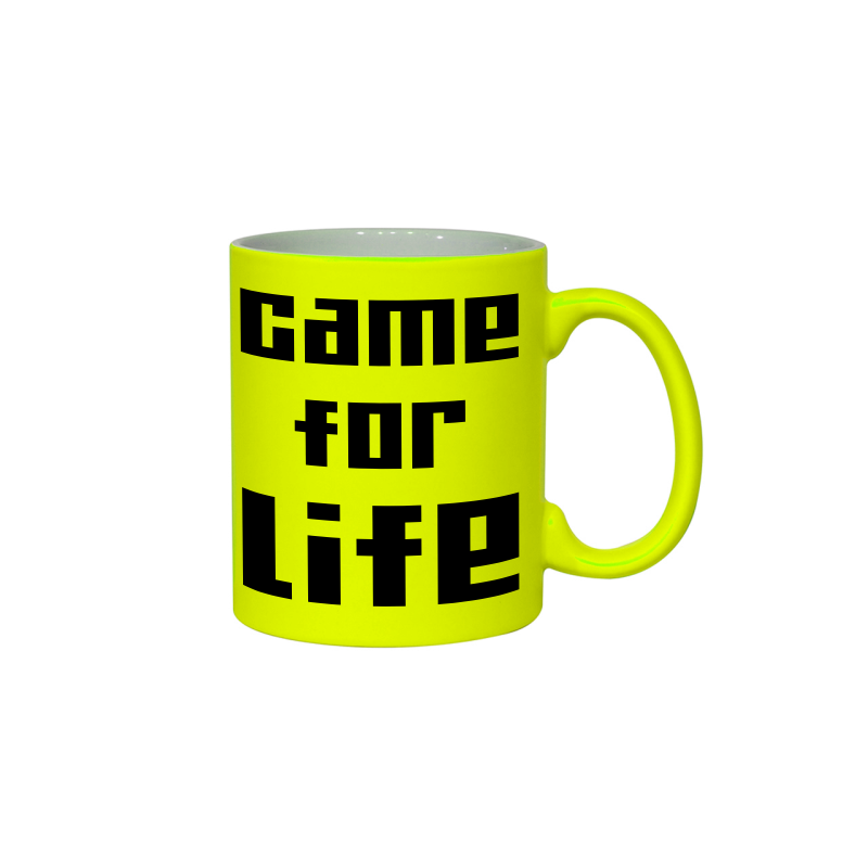 neonowy, żółty kubek z napisem "game for life" dla graczy