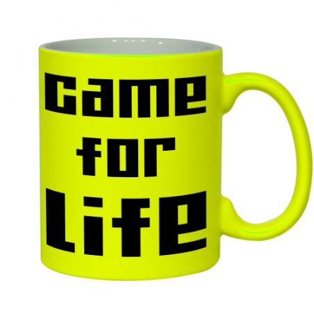 neonowy, żółty kubek z napisem "game for life" dla graczy