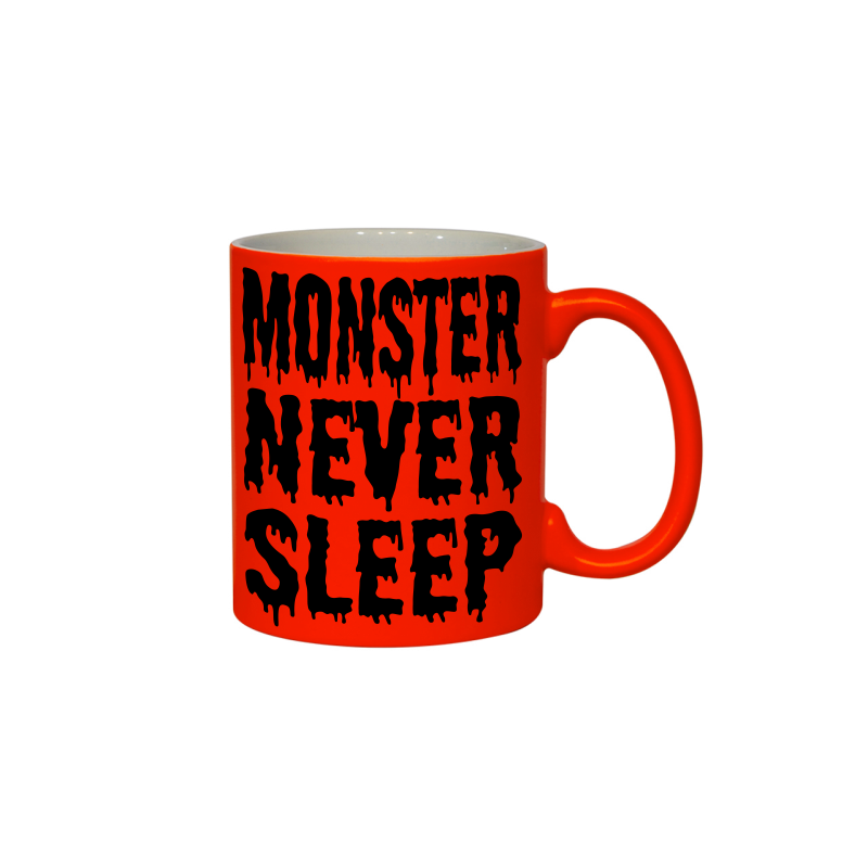 Neonowy pomarańczowy kubek z czarnym nadrukiem monster never sleep