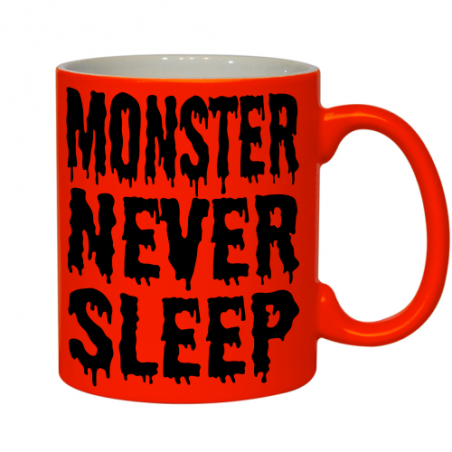 Neonowy pomarańczowy kubek z czarnym nadrukiem monster never sleep