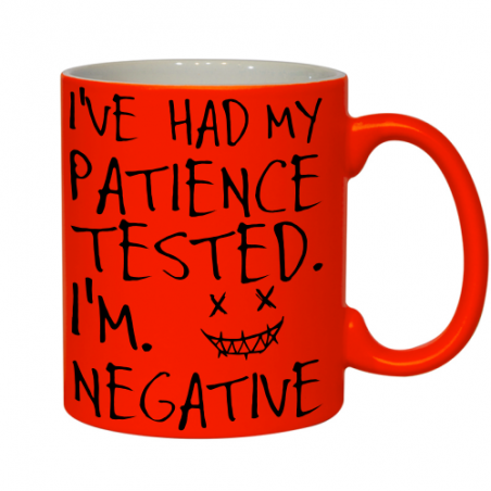 kubek z nadrukiem "testowałem swoją cierpliwość, wynik był negatywny"