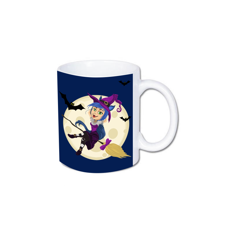 biały kubek z nadrukiem uroczej wiedźmy na miotle