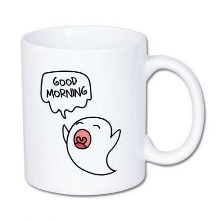 kubek z duchem mówiącym good morning
