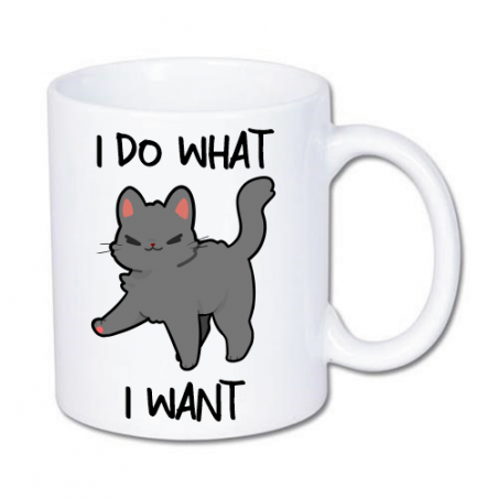 Kubek z kotem i śmiesznym napisem "i do what, i want"