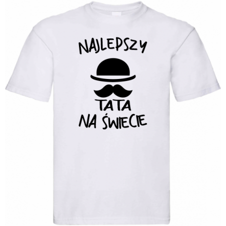 Biała koszulka na prezent dla taty, najlepszy ojciec na świecie, wąsy i kapelusz