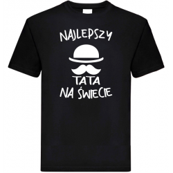 czarna koszulka na prezent dla taty, najlepszy ojciec na świecie, wąsy i kapelusz