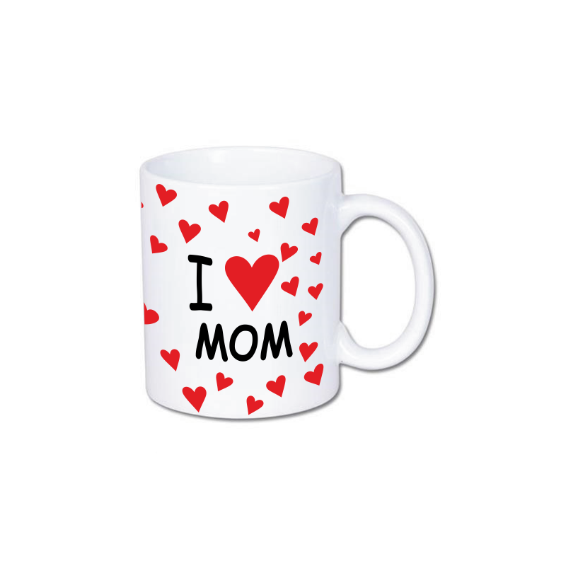 kubek z nadrukiem w serca i napisem kocham mamę