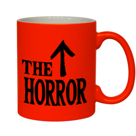 Neonowy pomarańczowy kubek z napisem horror i strzałką