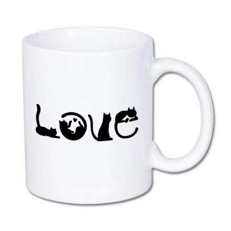 biały kubek z kocim napisem love